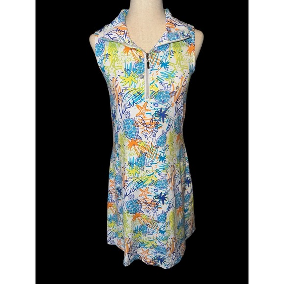 Lulu-B Dresses & Skirts - Lulu B Dress All Over Print  Turtles Vibrant Beachy Sz XS Zip Mock Neck Vacation